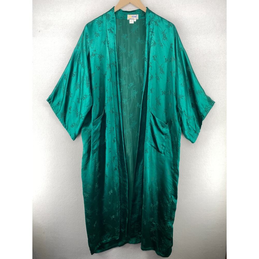 ESME Robe Womens L Silk Satin Floral Jacquard Long Kimono Open Front Green VTG